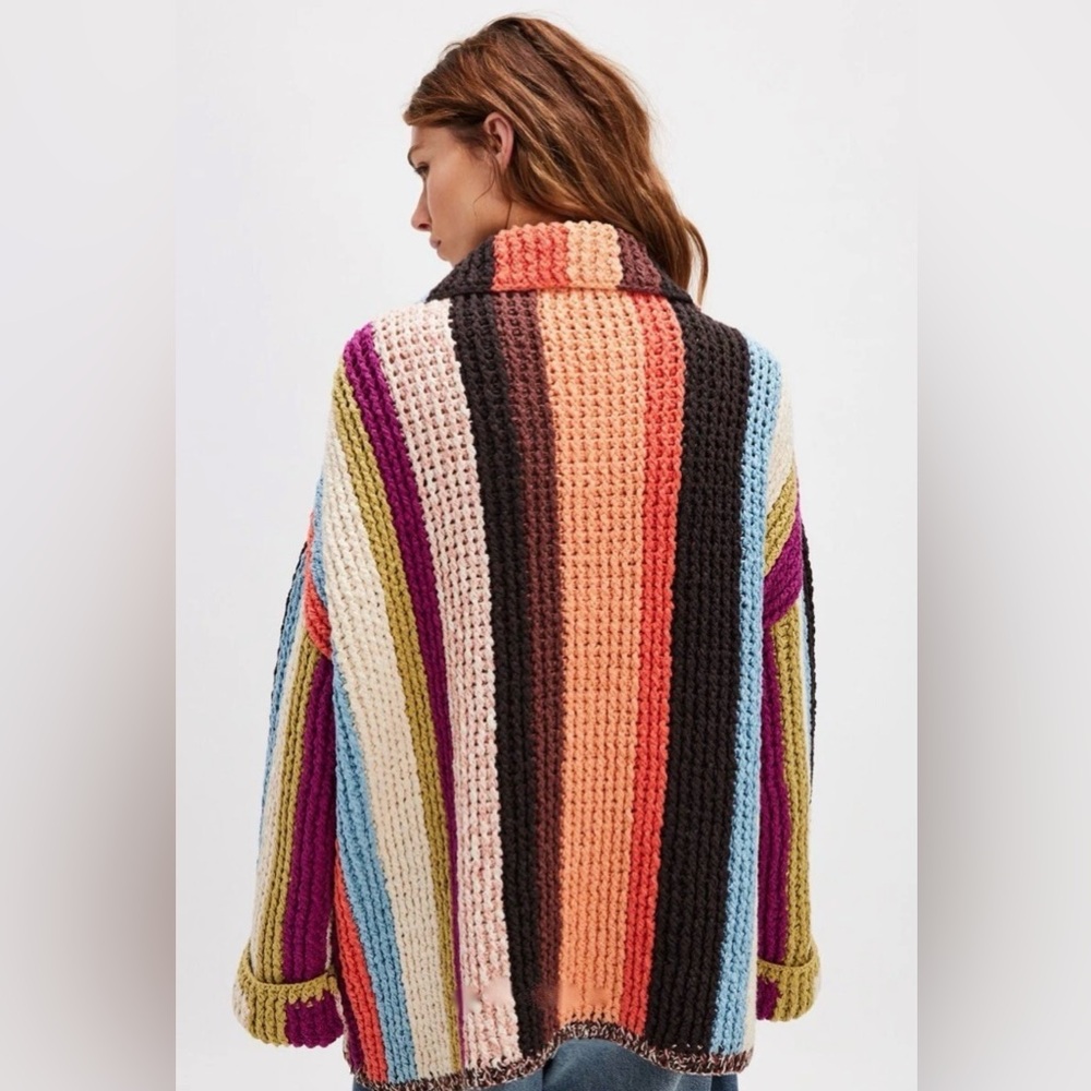 Free Peoplle Everything Cardi Sweater Heavy Weight Striped Zipper Pockets - Picture 4 of 8